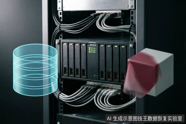 A server rack with drive modules and cables, featuring a holographic database icon on the left and a red scanning cube on the right to symbolize data recovery.