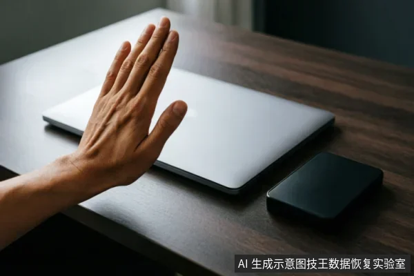 一只手掌在闭合的笔记本电脑前做出停止手势,旁边放置着一个黑色移动硬盘。画面通过肢体语言直观传达在存储设备故障时立即断电、停止操作的紧急原则。