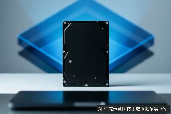 一块黑色机械硬盘竖立在白色台面上,背面朝前,可见固定螺丝与接口轮廓;背景为蓝色菱形几何图案,前景有模糊的黑色设备边缘。