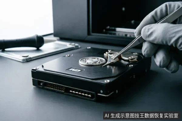 一只戴着灰色防静电手套的手正使用金属镊子精细操作一块已拆解的黑色机械硬盘内部组件。背景中可见螺丝刀等维修工具，展示了专业数据恢复机构对硬件故障进行物理检测与处理的场景。