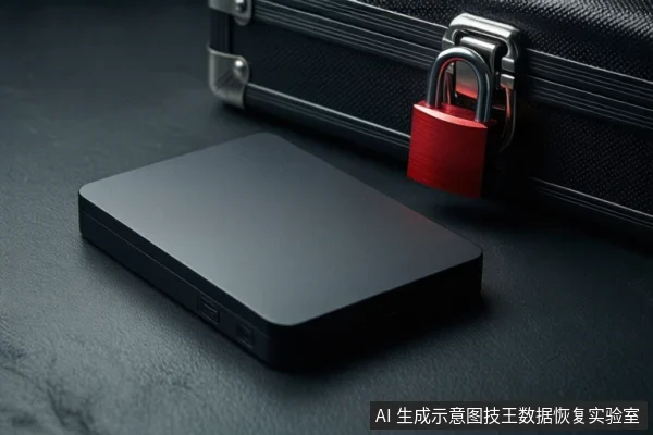 深色桌面上平放一块黑色移动固态硬盘,右上方黑色防震箱挂有红色挂锁,右下角有固定标识。