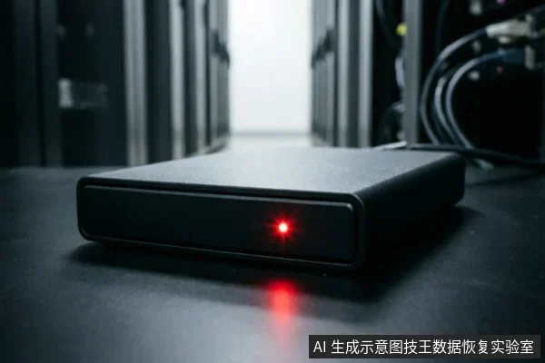A black external hard drive sitting on a dark surface in a server room, featuring an illuminated red LED indicator light on the front panel.
