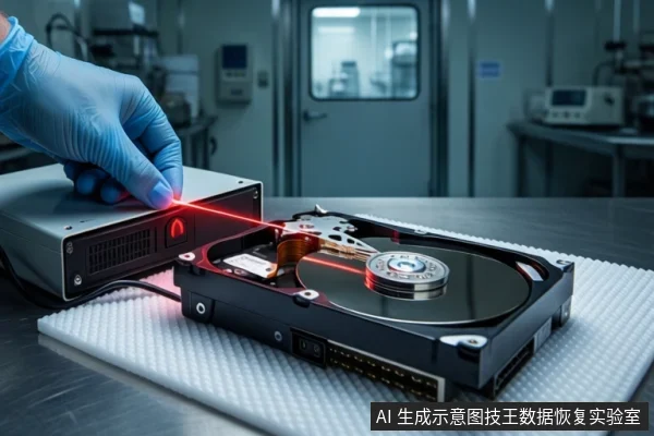 戴蓝色手套的手按压银色硬盘盒红色按钮，红色光束射向白色垫子上打开外壳的机械硬盘，背景为实验室设备。
