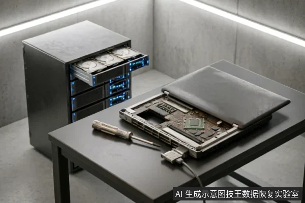 一张黑色工作台上放置着一台被拆开后盖的笔记本电脑,内部主板和芯片裸露,旁边放有一把螺丝刀。背景左侧是一台亮着蓝色指示灯的服务器机柜,整体呈现专业硬件检测或数据恢复实验室的场景氛围。