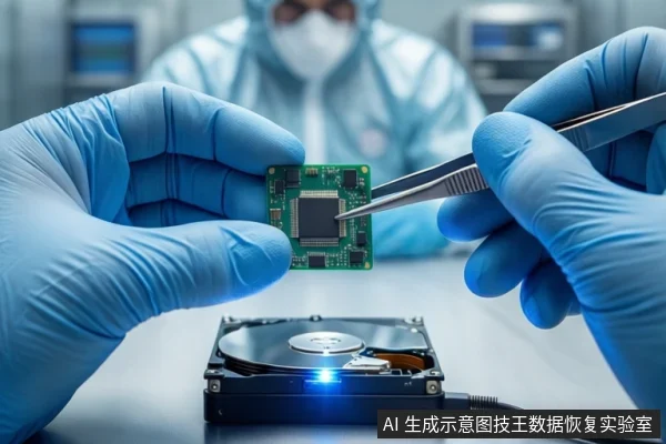洁净室白色桌面上,戴蓝色手套的双手正用镊子操作一块绿色闪存芯片,下方平放一块打开外壳的机械硬盘,背景为模糊的无尘服技术人员。