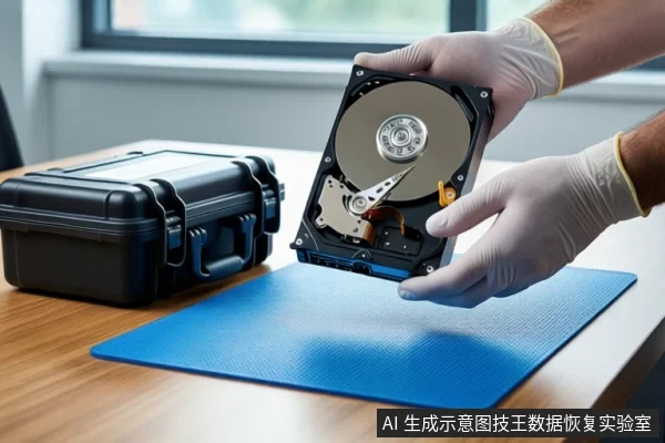 木质桌面上,蓝色防静电垫旁放着一个闭合的黑色防震箱。一双戴白色手套的手正握持一块打开外壳的机械硬盘,露出盘片与磁头组件。背景是模糊的窗户。