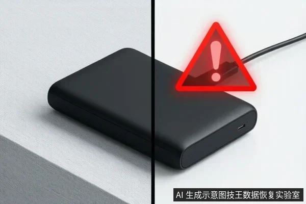 画面分为左右两部分，左侧展示一块黑色移动硬盘，右侧展示同一块硬盘连接着数据线，上方悬浮一个红色三角形警告标志。