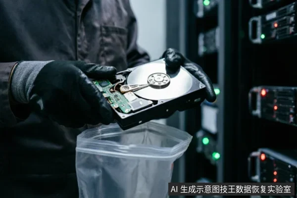 一名佩戴黑色防静电手套的技术人员,在服务器机房背景下双手托举一块已拆解的机械硬盘,下方放置一个透明密封袋,准备对存储介质进行封装保护或专业检测。
