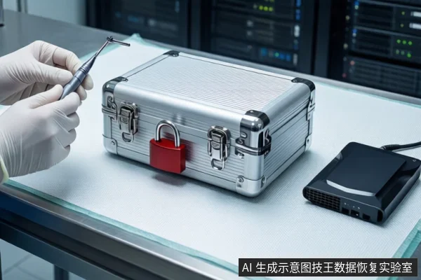 白色防静电工作台上,一双戴白色手套的手持金属探针指向中间挂有红色挂锁的银色金属防震箱,右侧平放一块黑色固态硬盘,背景为模糊的服务器机柜。