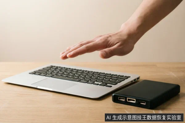 一只悬停在银色笔记本电脑键盘上方的手,旁边桌面上放置着一个带有USB接口的黑色移动硬盘盒。画面展示了电脑与外部存储设备的连接场景,暗示了数据备份或硬件排查的操作环境。