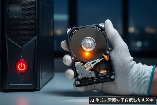 画面左侧有一台黑色塔式主机,电源按钮亮红灯。右侧一只戴白手套的手持握一块打开外壳的机械硬盘,露出盘片与磁头组件。背景为模糊的城市夜景。