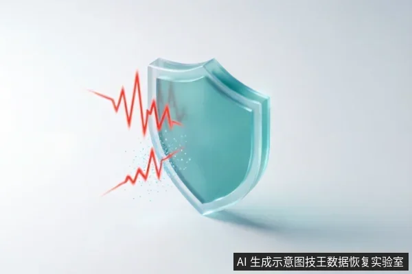 画面展示了一个半透明的青蓝色立体盾牌,正阻挡两道红色的锯齿状脉冲波。红色波形撞击在盾牌表面后发生散射与消散,象征对数据威胁或逻辑故障的有效防御与安全保护机制。