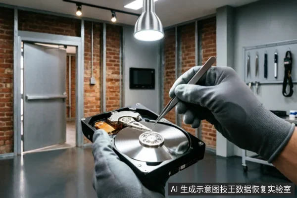 戴着灰色防静电手套的技术人员手持镊子，正在精细操作已打开外壳的机械硬盘内部组件。背景为带有工具挂板和金属门的工业风数据恢复实验室环境，展示了硬件层面的物理检修场景。