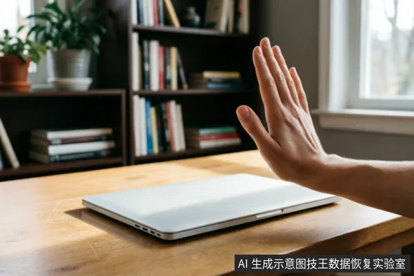 一只手掌在闭合的银色笔记本电脑前做出明确的停止手势，示意禁止操作。背景为带有书架和绿植的室内桌面环境，强调在设备异常时保持断电、严禁通电或进行写入操作的紧急处理原则。