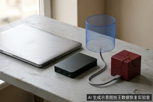 桌面上放置着一台闭合的银色笔记本电脑和一个黑色移动硬盘,旁边有一个红色裂纹方块通过数据线连接至硬盘。方块上方悬浮着蓝色线框圆柱体,象征数据恢复或数字扫描过程。