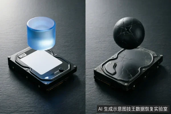 左图展示一个完好的WD硬盘,上方悬浮着发光的蓝色圆柱体,象征数据完好或软件扫描状态;右图展示一个表面布满裂纹的黑色硬盘,上方悬浮着破碎的黑色球体,象征物理损坏或数据崩溃。