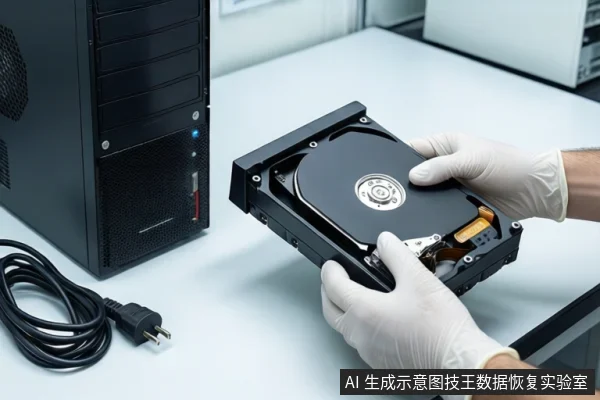 白色桌面上,一双戴白手套的手正握持一块打开外壳的机械硬盘,展示其内部盘片与磁头组件。左侧是一台亮着蓝色指示灯的黑色台式主机和盘绕的黑色电源线缆,背景为模糊的实验室环境。