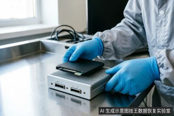 身穿防静电服并佩戴蓝色手套的技术人员，正在洁净的不锈钢工作台上操作。双手将一块黑色机械硬盘放置于银色金属外壳的数据恢复专用盒（或读取设备）上方，准备进行连接或检测，体现了对原始介质的专业处理与保护。
