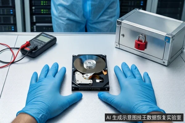 洁净室白色桌面上,戴蓝色手套的双手平放在一块打开外壳的机械硬盘两侧,左侧平放一台带红黑表笔的数字万用表,右侧为挂有红色挂锁的银色金属防震箱,背景可见服务器机柜和穿蓝色无尘服的人员。