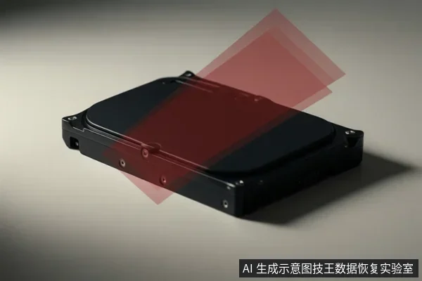 画面中放置一块黑色机械硬盘,上方叠加半透明红色几何图形,背景为灰白渐变台面。