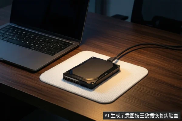 木质桌面上,一台笔记本电脑旁放置一块黑色移动硬盘,硬盘通过黑色线缆连接至电脑,下方垫有白色防震垫。