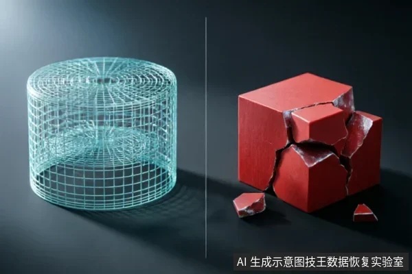 画面通过左右对比展示两种状态:左侧为结构完整、通透的蓝色线框圆柱体,象征逻辑完好;右侧为表面布满裂痕、正在崩解破碎的红色实心立方体,象征物理损坏。