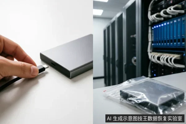 左侧展示手将Type-C数据线插入移动硬盘,示意排查外部连接;右侧背景为服务器机房,前景为封装在防静电袋中的硬盘,暗示专业数据恢复环境。