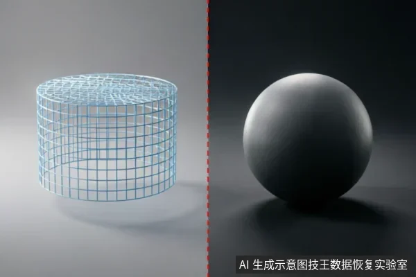 图片被红色虚线分为左右两部分。左侧为浅蓝色圆柱体网格线框模型,置于浅色背景中;右侧为深灰色哑光球体,置于深色背景中。两者形成虚实与明暗的对比示意。