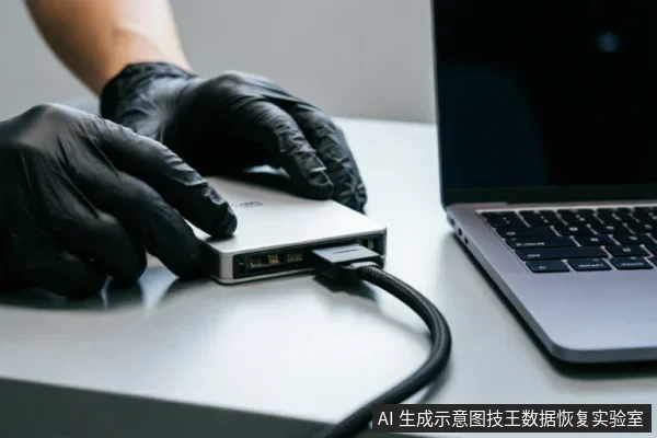 戴着黑色防护手套的双手正在将连接着笔记本电脑的银色外接硬盘盒放置在桌面上,展示了数据恢复或硬件检测时的规范操作环境。