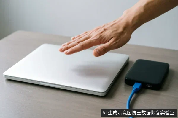 一只悬停在闭合银色笔记本电脑上方的手,旁边连接着蓝色数据线的黑色移动硬盘,示意在排查硬件故障时停止操作或检查外部连接的状态。