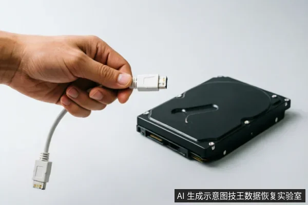 画面展示了一只手正拿着一根白色数据线(接口类似FireWire),准备连接或悬停在一块黑色机械硬盘上方。背景为纯净的灰白色,无其他干扰物体,清晰呈现了外部连接线缆与硬盘主体的动作关系。