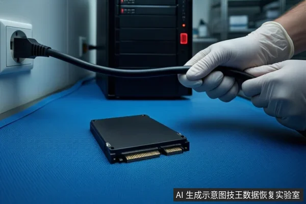 蓝色防静电垫上平放一块黑色固态硬盘，右侧一双戴白手套的手正握持一根黑色线缆，线缆另一端插入左侧墙壁插座。背景为黑色服务器机柜。