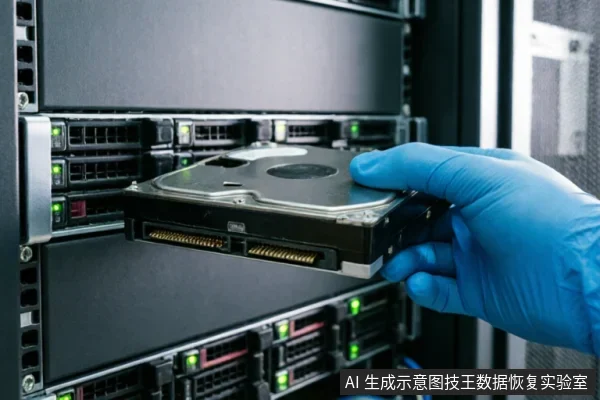 一只戴着蓝色防静电手套的手正从服务器机架中取出一块机械硬盘,背景可见带有绿色指示灯的服务器设备。