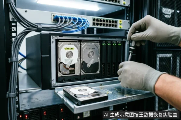 一名佩戴防静电手套的技术人员正在服务器机柜前使用螺丝刀操作硬盘托架,托架上安装有多块机械硬盘,其中一块已取出放置在托盘上,背景可见网络交换机及理线整齐的蓝色网线。