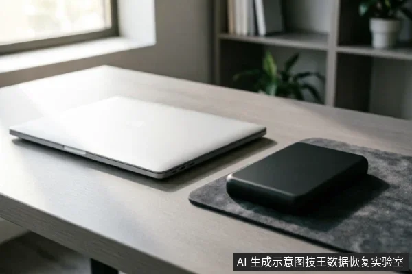 一张整洁的办公桌上放置着一台闭合的银色笔记本电脑,旁边有一个黑色的外接移动硬盘放置在深灰色垫子上。画面展示了数据恢复或备份场景中的典型硬件设备,未显示任何屏幕操作或连接细节。