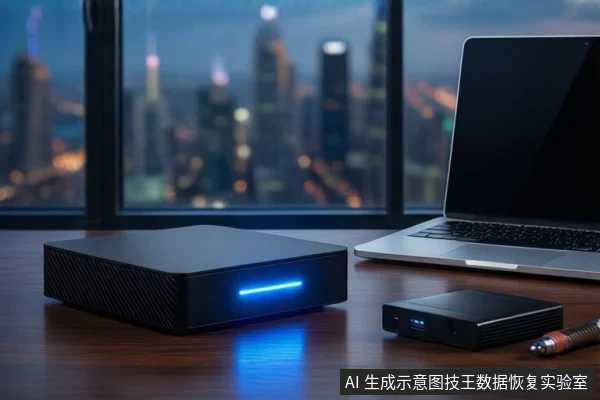 深色木桌上平放一个黑色小型计算设备,正面亮着蓝色指示灯。右侧有一台银色笔记本电脑,屏幕关闭。前景平放一个黑色小型存储设备和一根黑色线缆,背景为模糊的城市夜景。