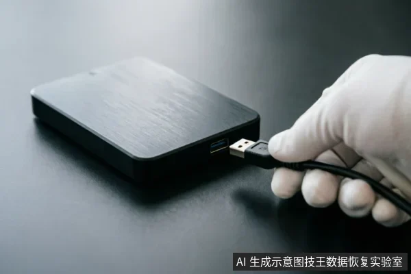一只戴着白色防护手套的手正将USB数据线插入黑色移动硬盘的接口,展示连接设备的动作。画面聚焦于手部与硬盘接口的交互,背景简洁深色,体现数据恢复或硬件检测环境下的规范操作。