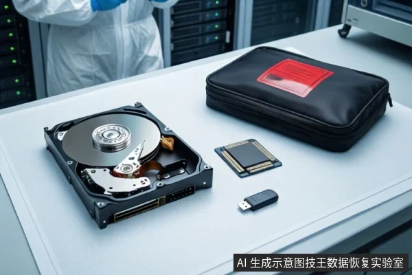 洁净室白色桌面上,左侧平放一块打开外壳的机械硬盘,右侧黑色防震箱内固定一块硬盘。前景平放一块M.2固态硬盘和一个U盘。背景中一名穿无尘服的技术人员正在操作服务器机柜。