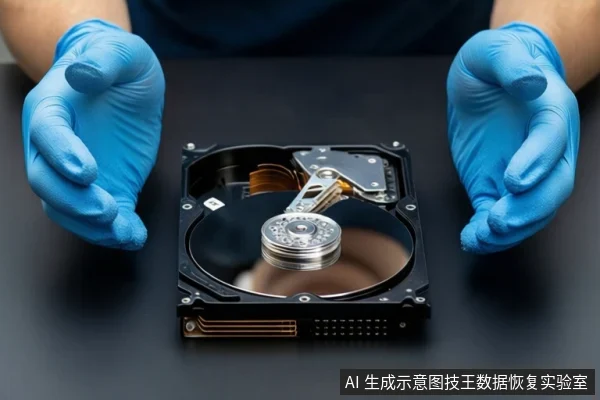 深色桌面上平放一块打开外壳的机械硬盘，可见盘片、主轴和磁头臂。左右两侧各有一只戴蓝色手套的手掌张开，悬停在硬盘上方。