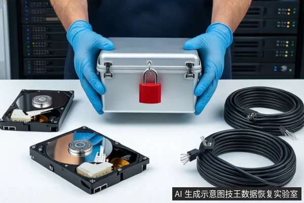 洁净室白色桌面上,戴蓝色手套的双手正持握一个挂有红色挂锁的银色金属防震箱,左下方平放两块打开外壳的机械硬盘,右下方盘绕两根黑色SATA数据线,背景可见服务器机柜。
