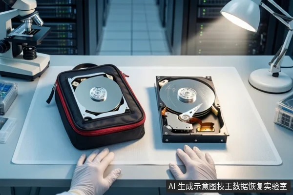 白色实验台上，左侧黑色防震箱内固定一块打开外壳的机械硬盘，右侧平放另一块打开的机械硬盘。前景一双戴白手套的手平放在桌边，背景可见显微镜、台灯及服务器机柜。