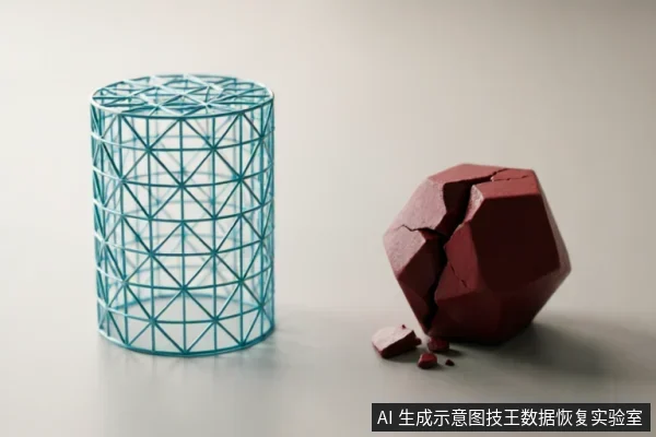 画面左侧为一个完整的青色几何网格圆柱体,右侧为一个破碎裂开的深红色多面体块,伴有少量碎屑散落。通过完整结构与破损实体的视觉对比,隐喻数据恢复中逻辑结构完好与物理介质损坏的区别。