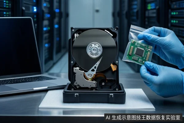 白色防静电垫上立放一块打开外壳的机械硬盘,左侧有一台打开的银色笔记本电脑,右侧一双戴蓝色手套的手持透明防静电袋,袋内装有一块绿色电路板,背景为模糊的服务器机柜。