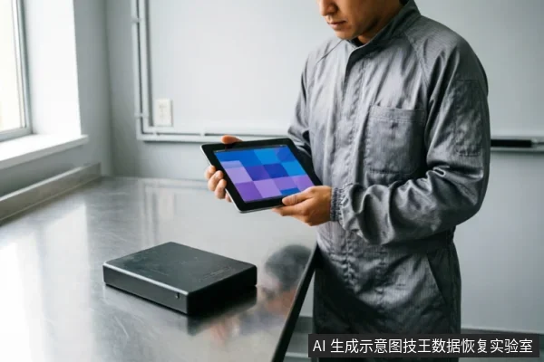 一名身穿灰色连体工作服的技术人员站在不锈钢金属工作台旁,双手持握一台显示蓝紫色方块图案的平板电脑。桌面上放置着一个黑色的移动硬盘,环境整洁且具有工业感,暗示专业数据恢复或硬件检测场景。