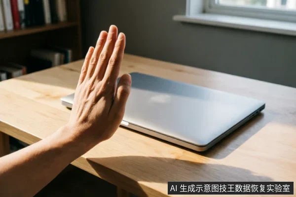 一只手掌在木质桌面上做出停止的手势,挡在一台闭合的银色笔记本电脑前。阳光从右侧照射,在桌面投下阴影,背景有模糊的书架和窗户,象征立即停止操作以保护数据安全。