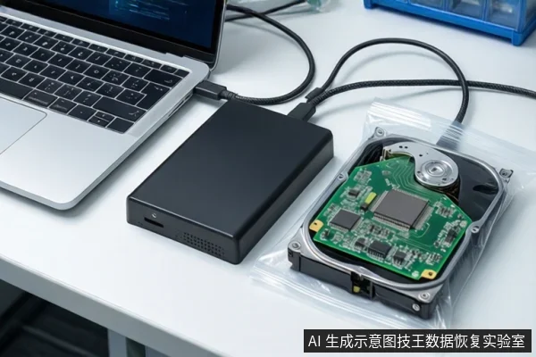 白色桌面上,左侧是一台银色笔记本电脑,中间是一个黑色外接硬盘盒,右侧是一块打开外壳的机械硬盘,三者通过线缆连接。