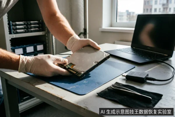 一名佩戴白色手套的技术人员正在蓝色防静电垫上检查一块裸露的机械硬盘,旁边放置着连接笔记本电脑的USB转接盒及镊子等工具,背景可见存放存储介质的货架。