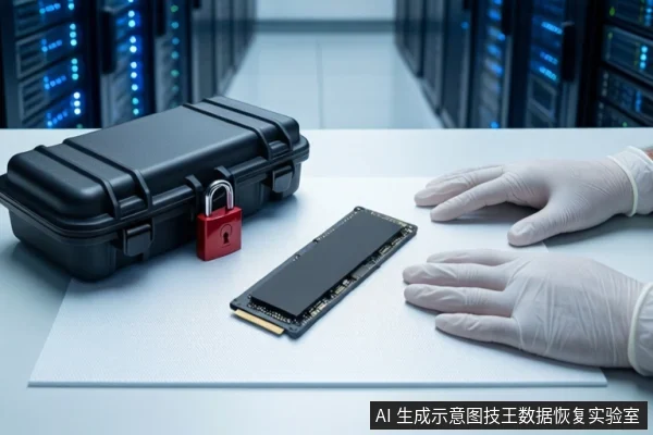 白色桌面上平放一块M.2固态硬盘,左侧黑色防震箱挂红色挂锁,右侧一双戴白手套的手平放在桌边,背景为模糊的服务器机柜。