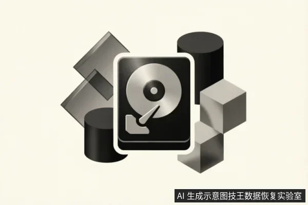 画面中央为一个带有读写磁头和盘片的硬盘图标，周围环绕着黑色圆柱体、半透明方块及灰色立方体等抽象几何图形。整体构图呈现一种数据与存储介质的概念化示意，无具体设备型号或操作细节。
