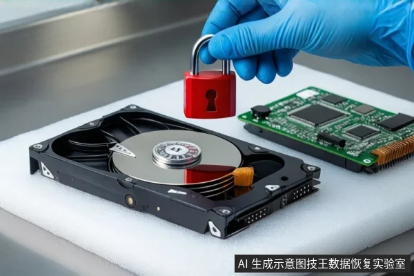 洁净室工作台上,白色泡沫垫上平放一块打开外壳的机械硬盘,可见盘片与磁头臂。前景一只戴蓝色手套的手持红色挂锁悬停在硬盘上方。右侧平放一块绿色电路板。